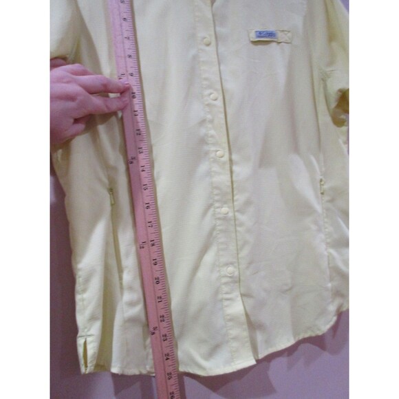 Columbia Omni-Shade PFG Snap Shirt Women M Yellow Short Sleeve Side Pockets Zip - Picture 13 of 14